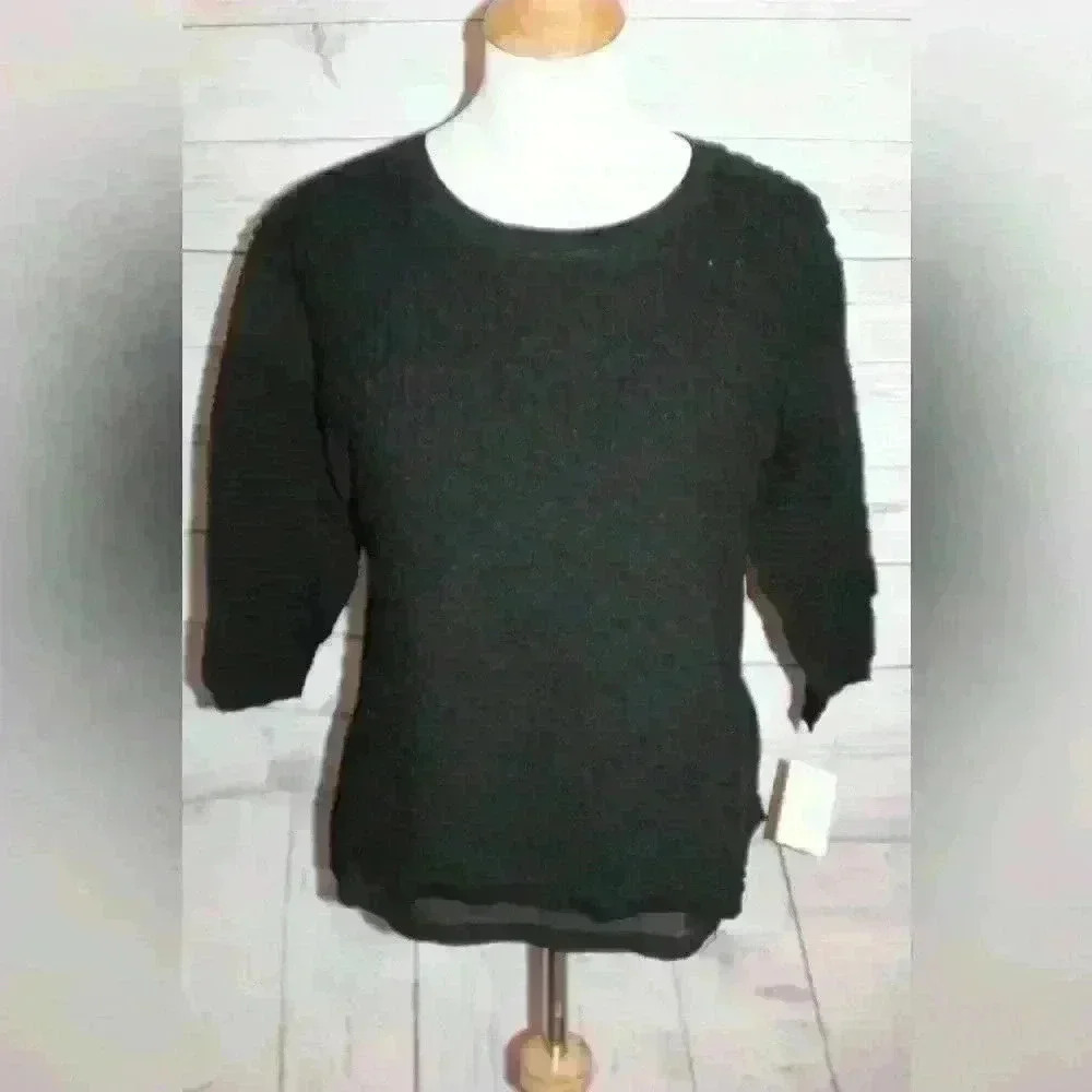 Troupe Women’s Scalloped Blouse Black High Low Shear Sleeve Stretch Top Medium